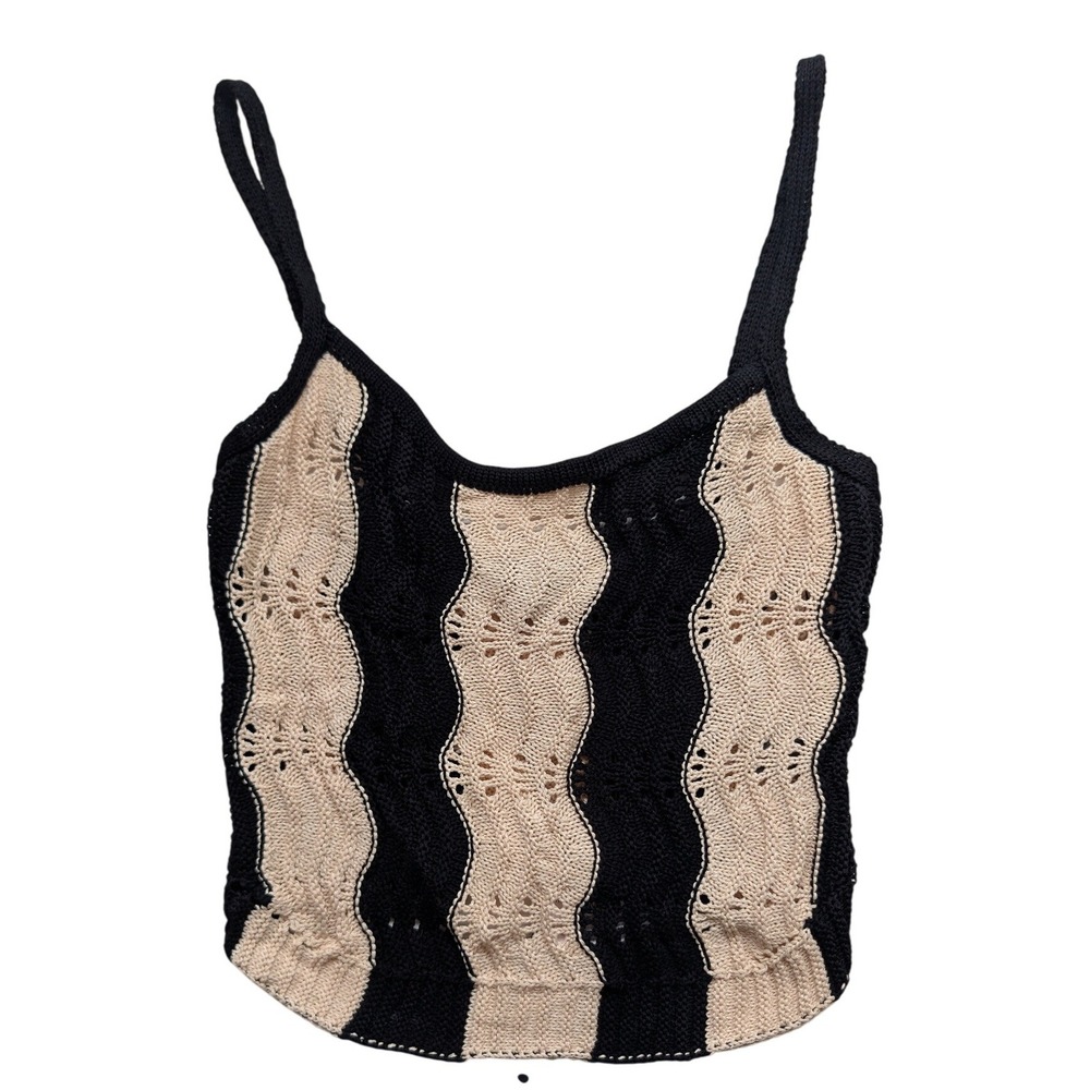 Fashion Nova My Sweet Escape Crochet Cami Top Black Beige Wave Stripe XS NEW